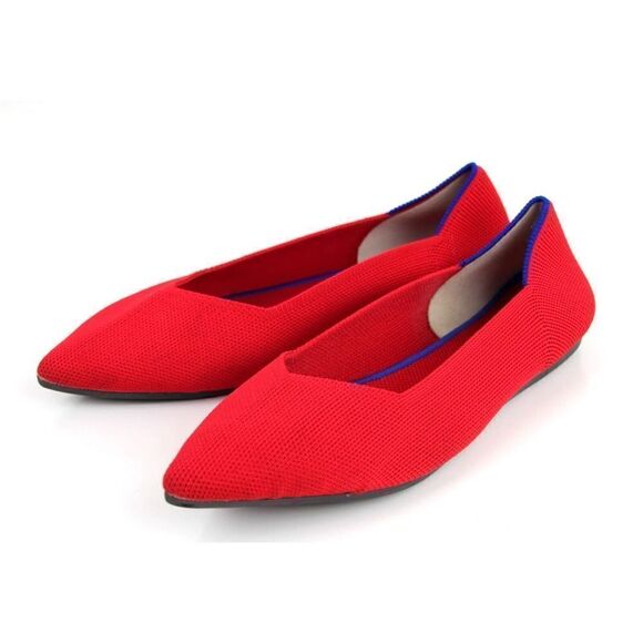 Rothy's RED TEXTILE BLUE TRIM POINTED TOE FLAT BALLET SLIP ON SHOES Sz 9W - Picture 2 of 11